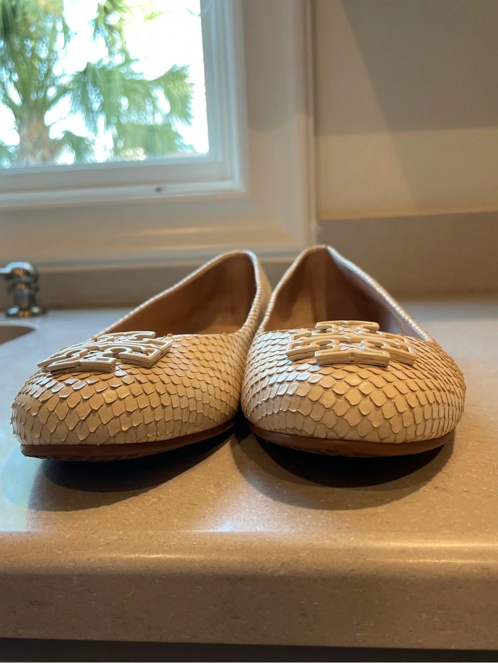 Tory Burch Ivory Snakeskin Texture Flats